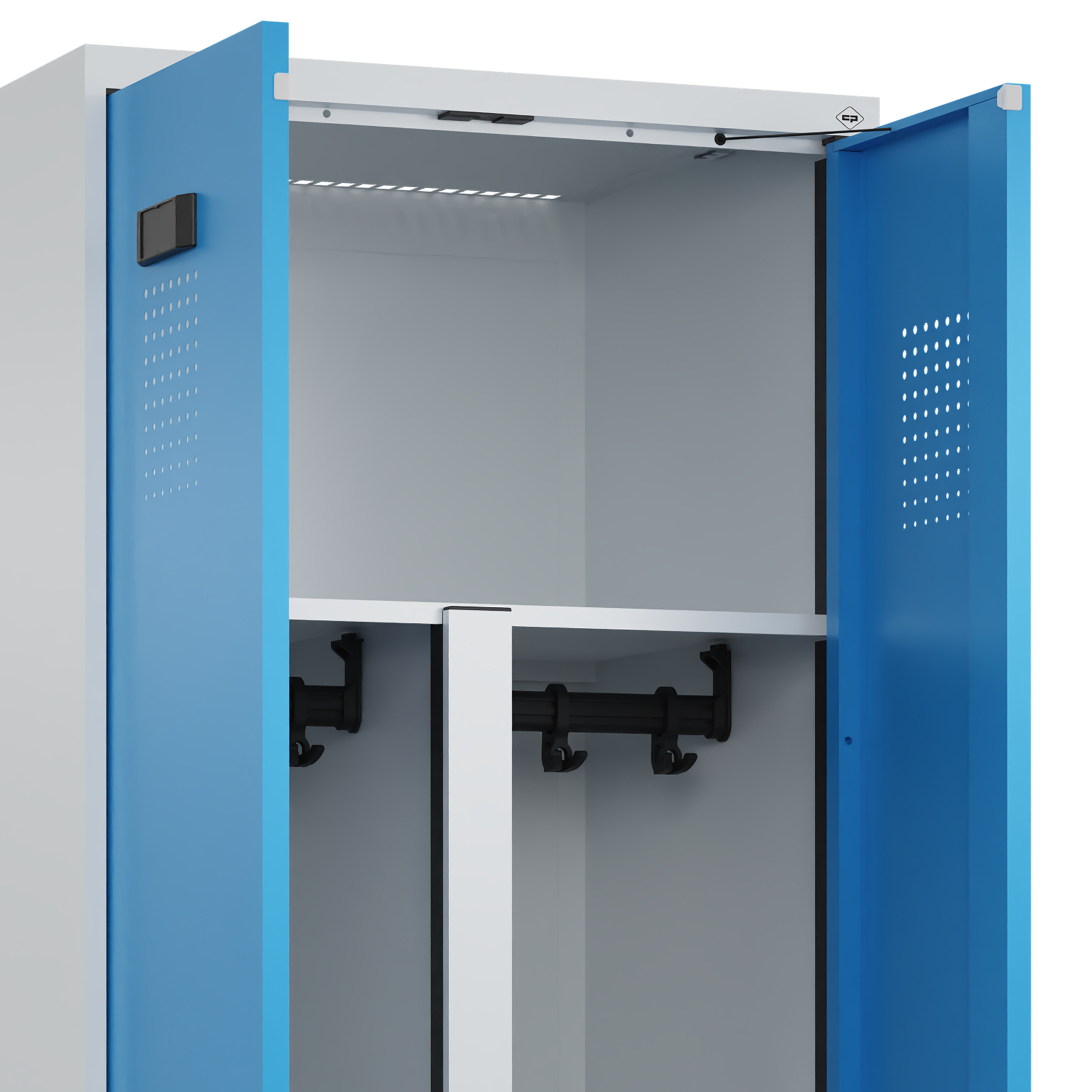 C+P PSA Schwarz-Weiß-Spind Evolo PLUS, Bank, 4 Abteile, 2120x1200x815mm