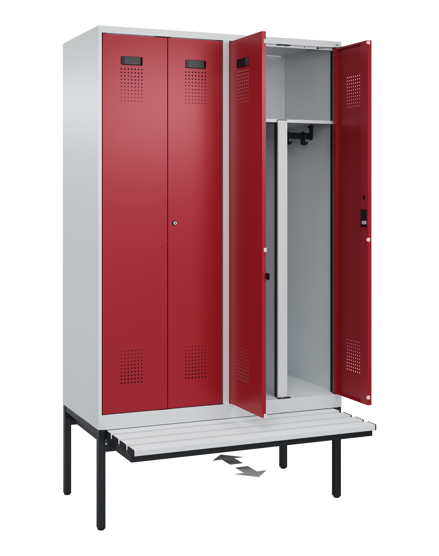C+P PSA Schwarz-Weiß-Spind Evolo PLUS, Bank, 4 Abteile, 2120x1200x815mm
