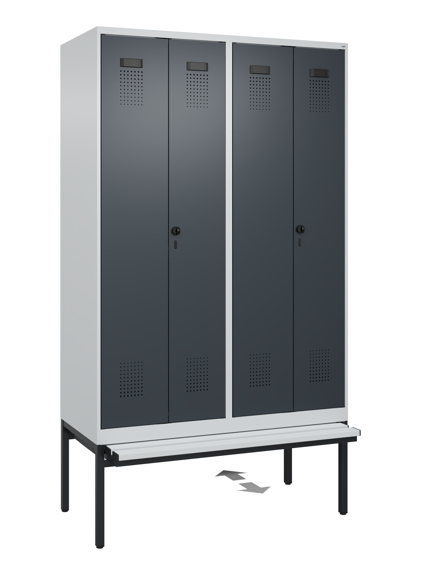 C+P Schwarz-Weiß-Spind Evolo PLUS, Bank, 4 Abteile, 2120x1200x815mm