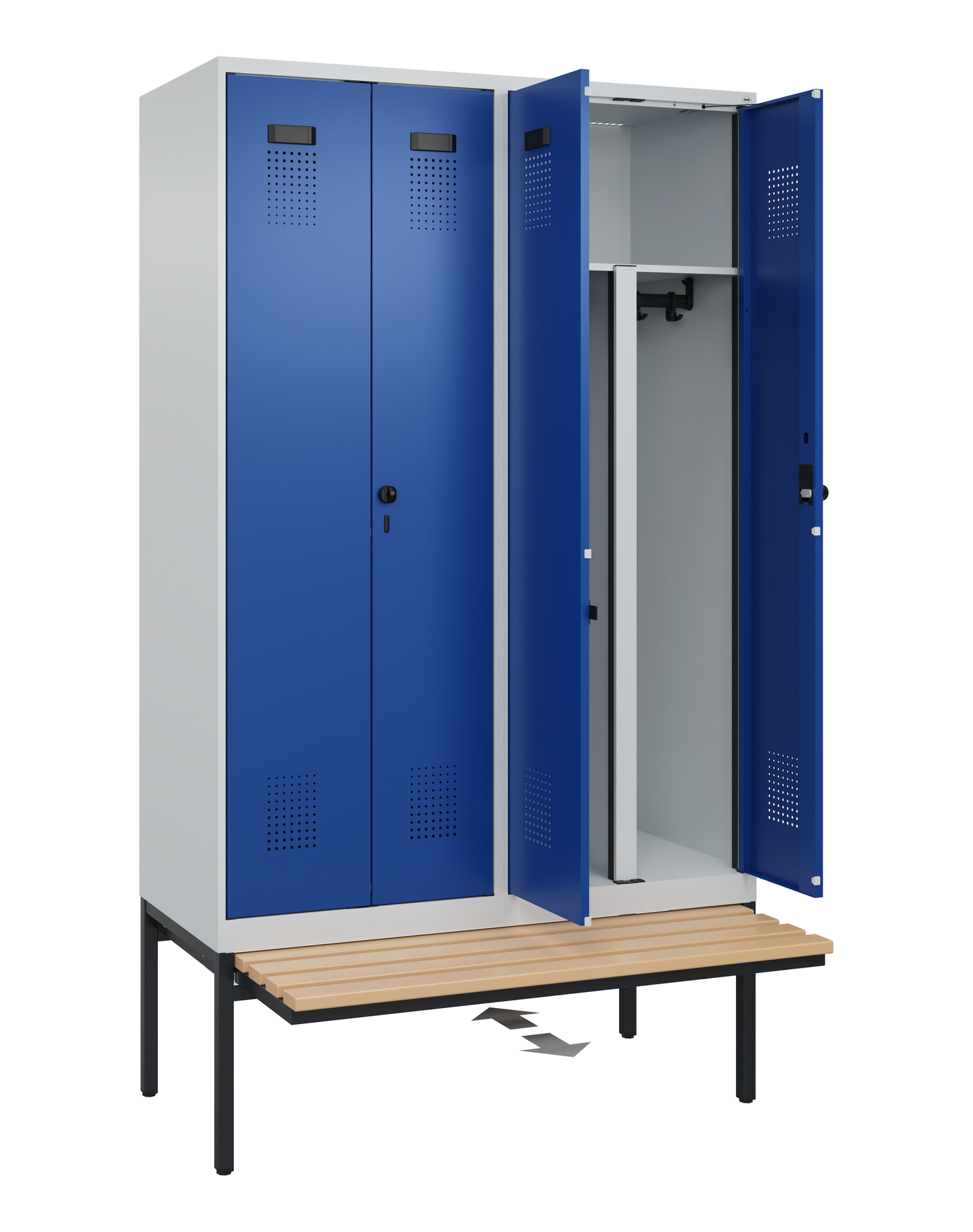 C+P PSA Schwarz-Weiß-Spind Evolo PLUS, Bank, 4 Abteile, 2120x1200x815mm
