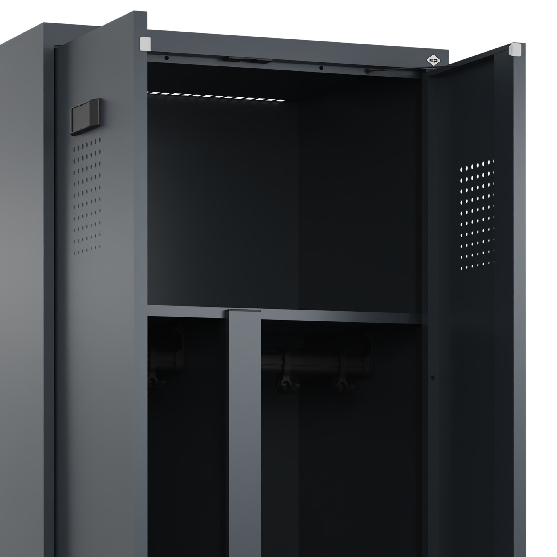 C+P PSA Schwarz-Weiß-Spind Evolo PLUS, Bank, 2 Abteile, 2120x800x815mm