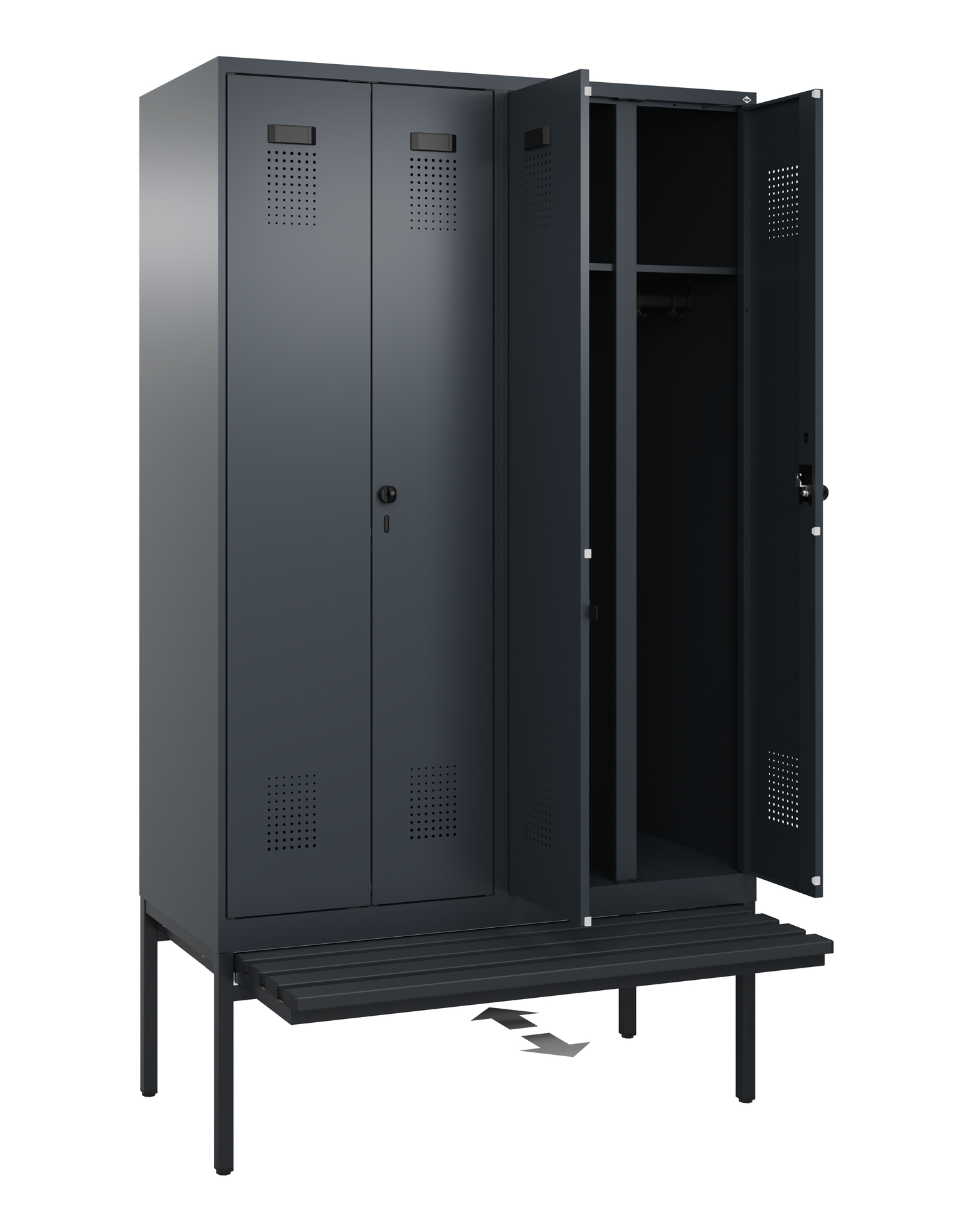 C+P Schwarz-Weiß-Spind Evolo PLUS, Bank, 4 Abteile, 2120x1200x815mm