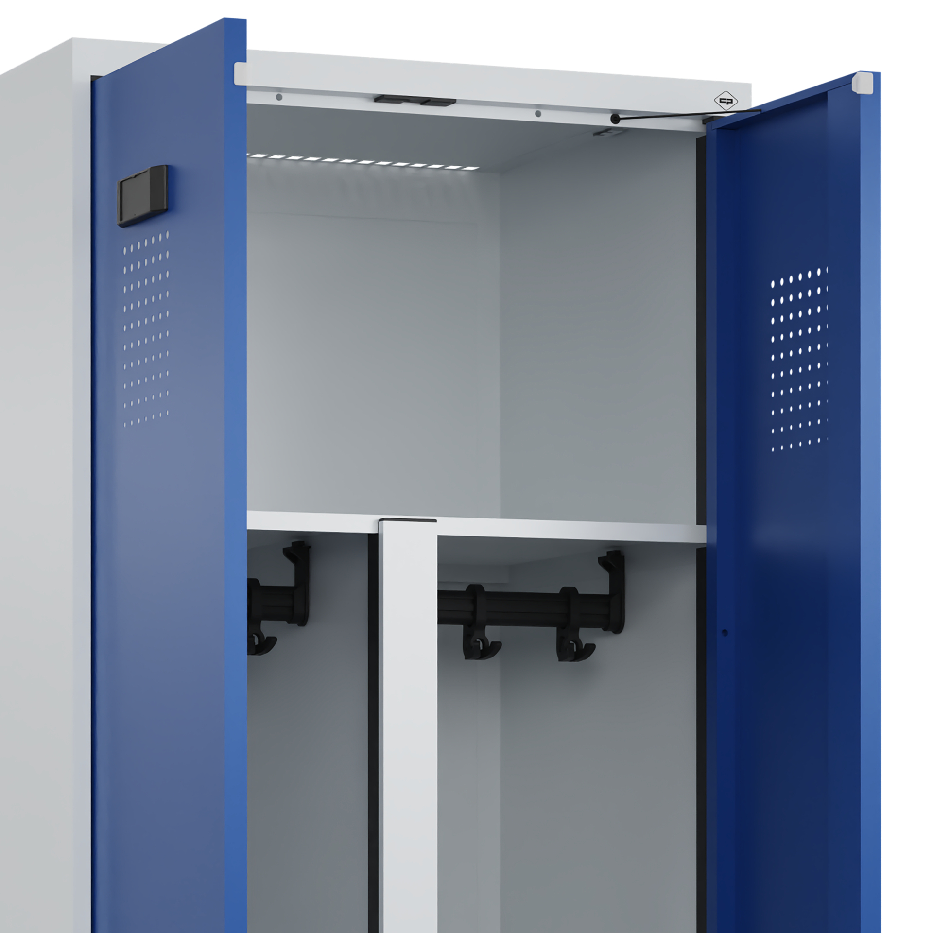 C+P PSA Schwarz-Weiß-Spind Evolo PLUS, Bank, 4 Abteile, 2120x1200x815mm