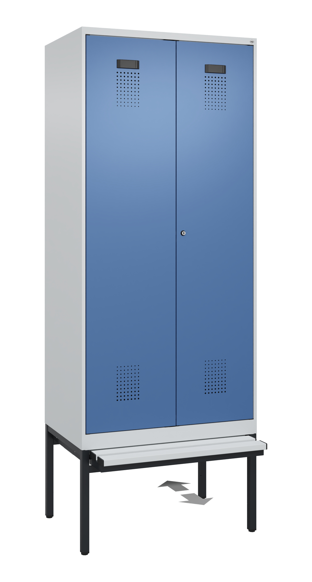 C+P PSA Schwarz-Weiß-Spind Evolo PLUS, Bank, 2 Abteile, 2120x800x815mm