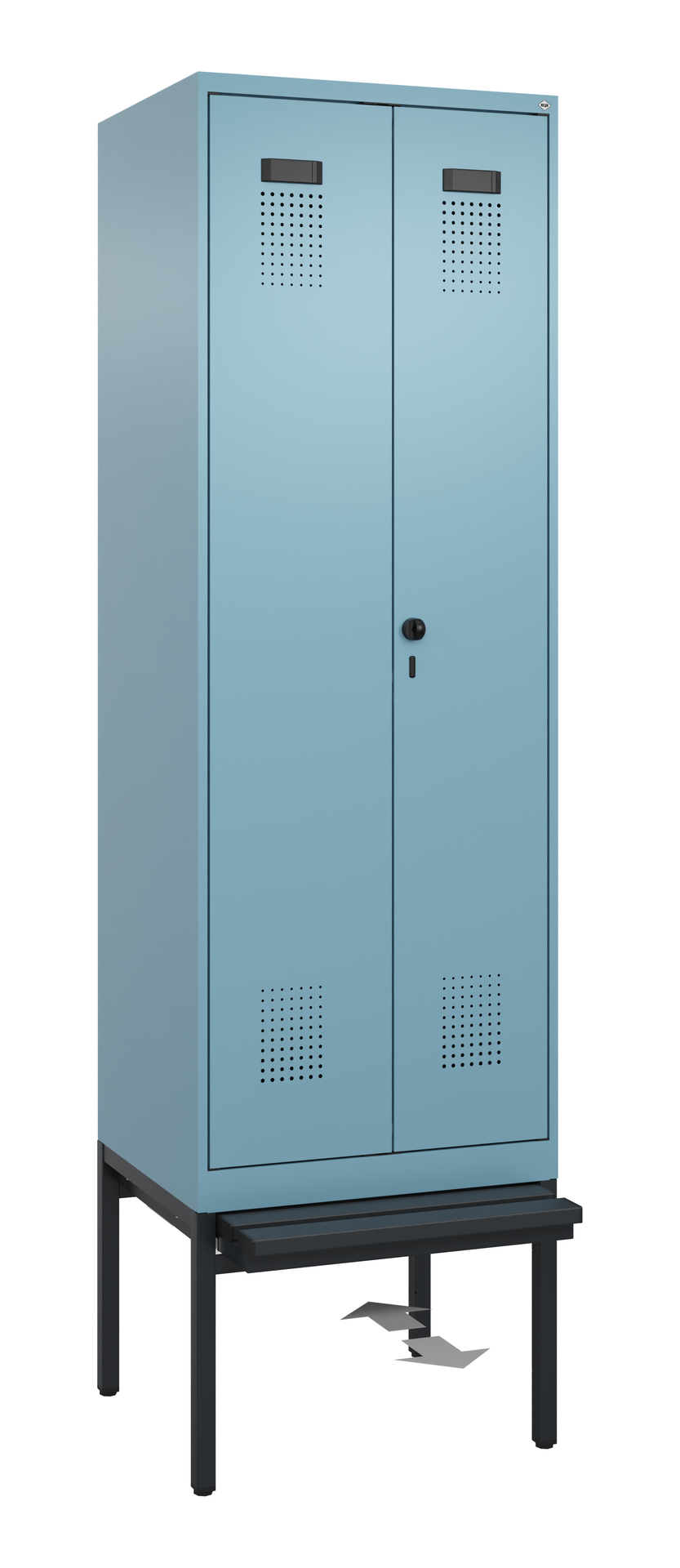 C+P Schwarz-Weiß-Spind Evolo PLUS, Bank, 2 Abteile, 2120x600x815mm