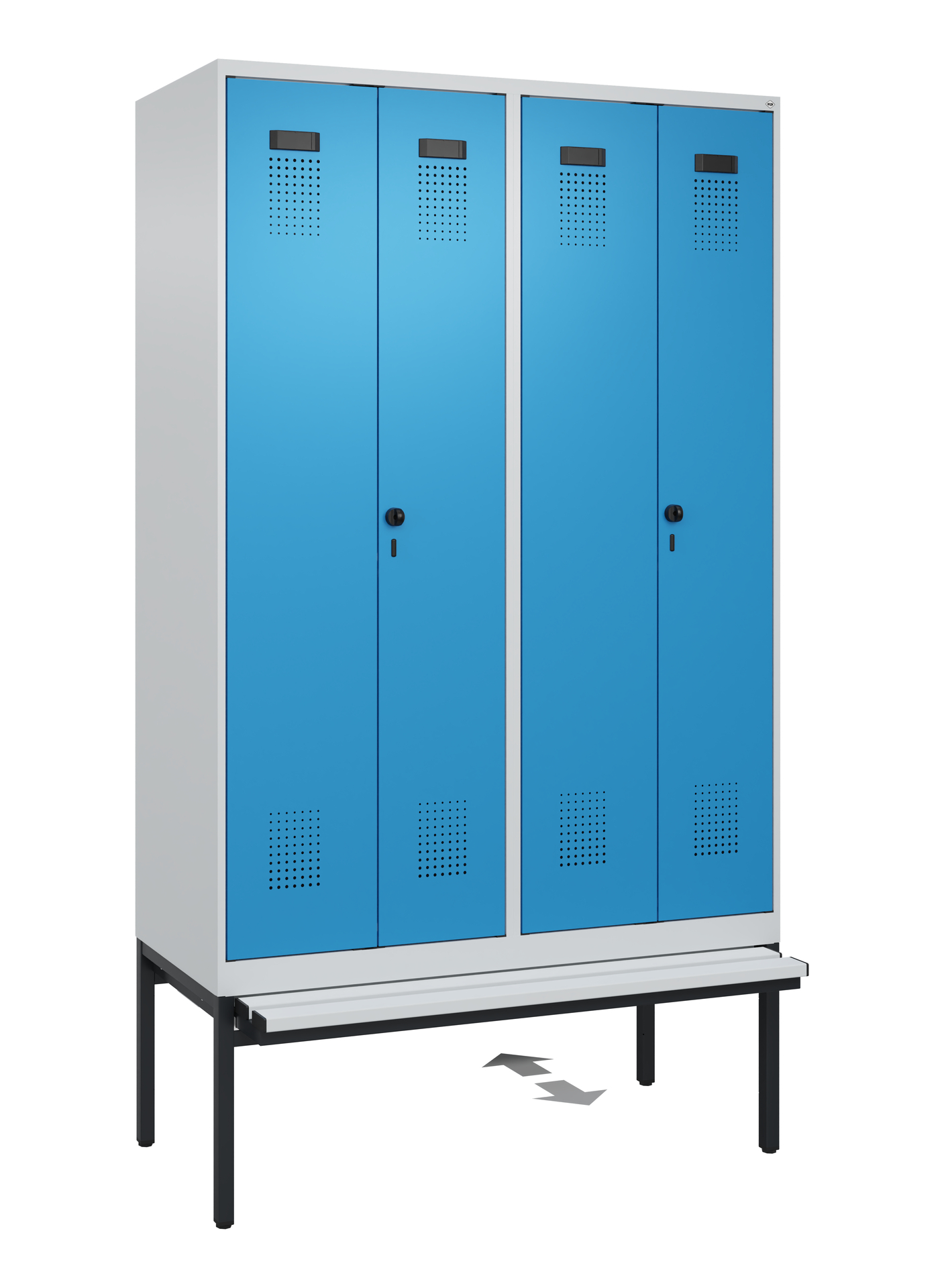 C+P PSA Schwarz-Weiß-Spind Evolo PLUS, Bank, 4 Abteile, 2120x1200x815mm