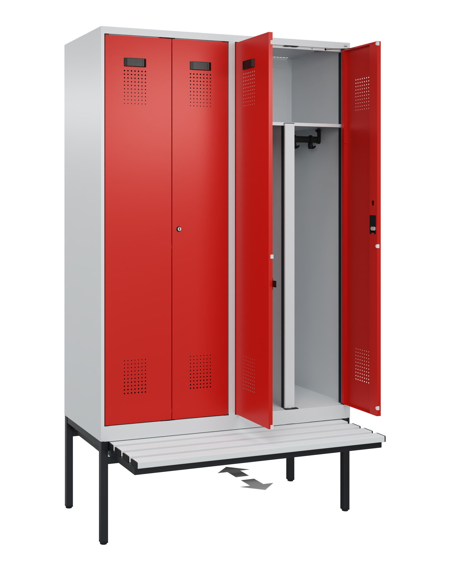 C+P PSA Schwarz-Weiß-Spind Evolo PLUS, Bank, 4 Abteile, 2120x1200x815mm