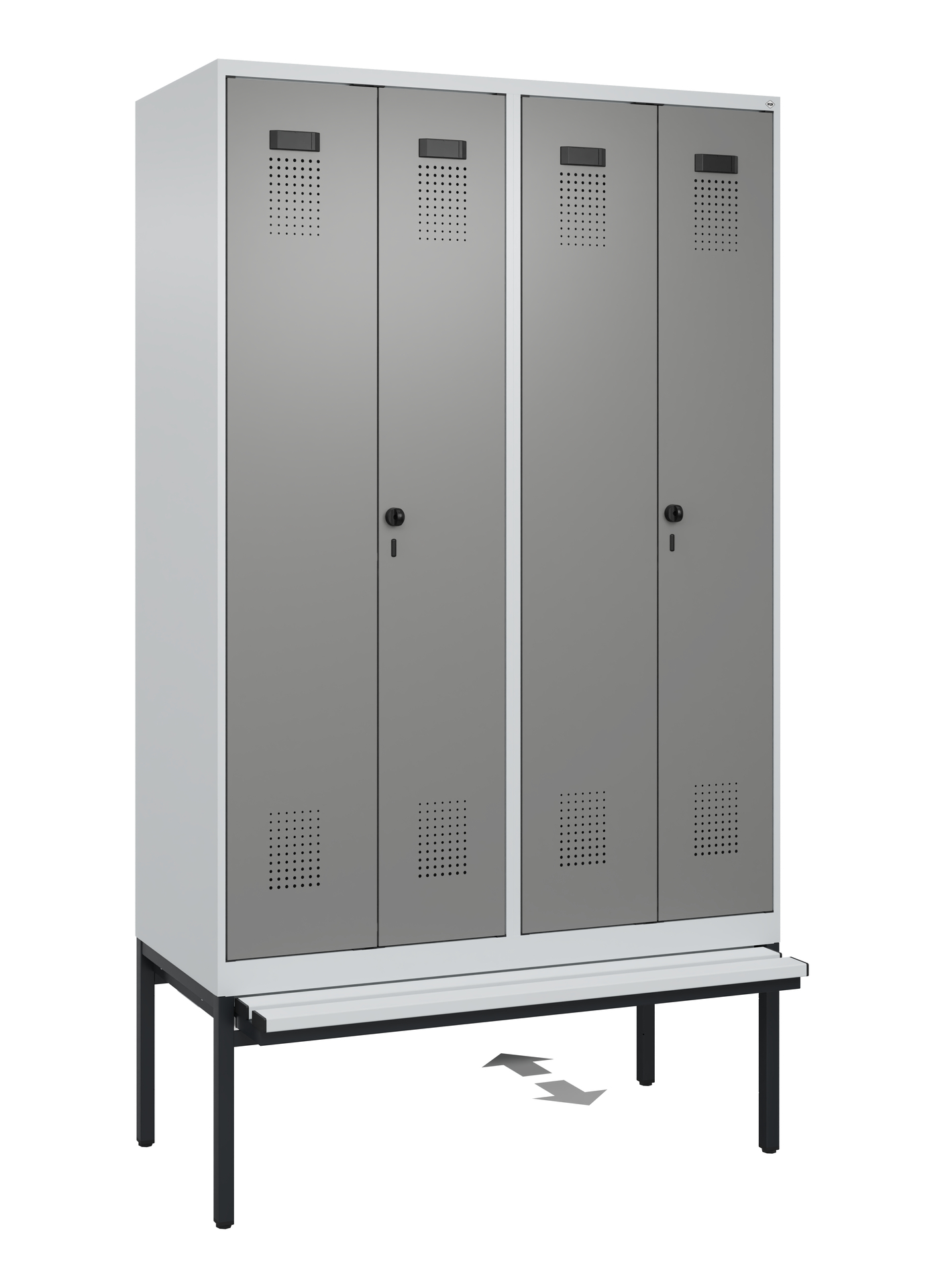 C+P PSA Schwarz-Weiß-Spind Evolo PLUS, Bank, 4 Abteile, 2120x1200x815mm