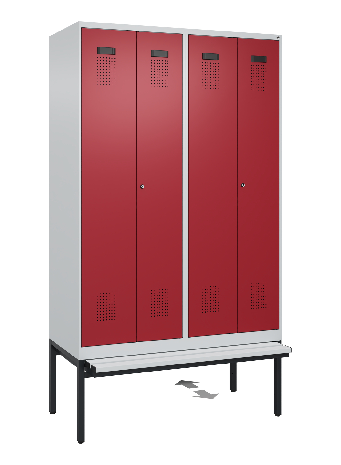 C+P PSA Schwarz-Weiß-Spind Evolo PLUS, Bank, 4 Abteile, 2120x1200x815mm