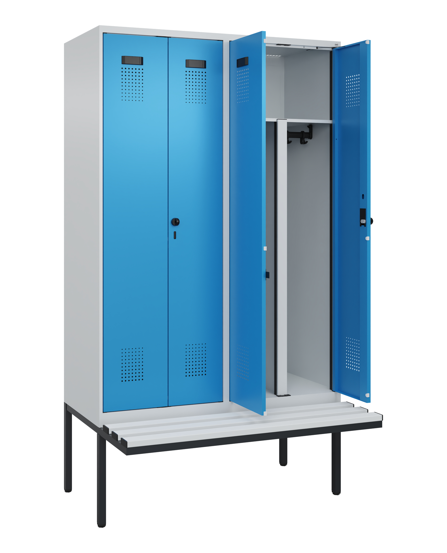 C+P PSA Schwarz-Weiß-Spind Evolo PLUS, Bank, 4 Abteile, 2120x1200x815mm