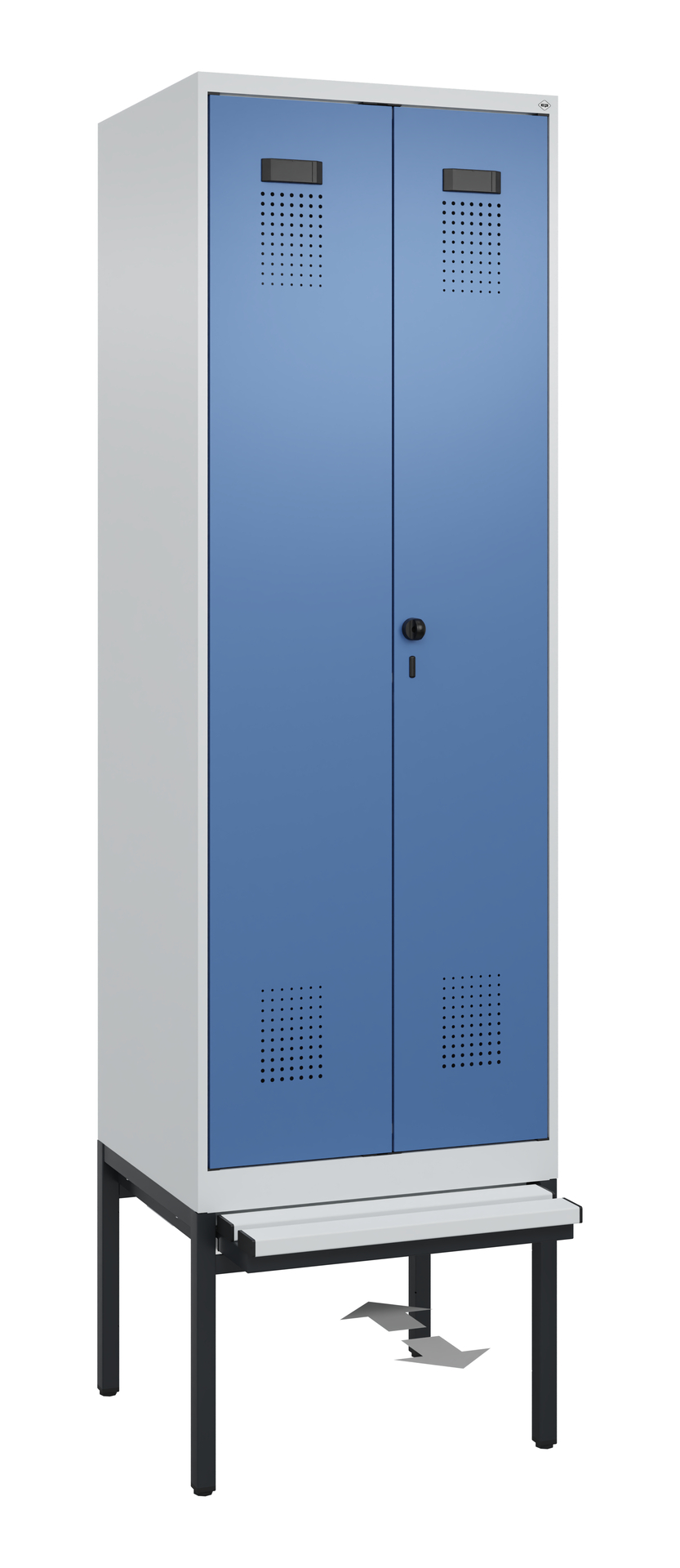 C+P PSA Schwarz-Weiß-Spind Evolo PLUS, Bank, 2 Abteile, 2120x600x815mm