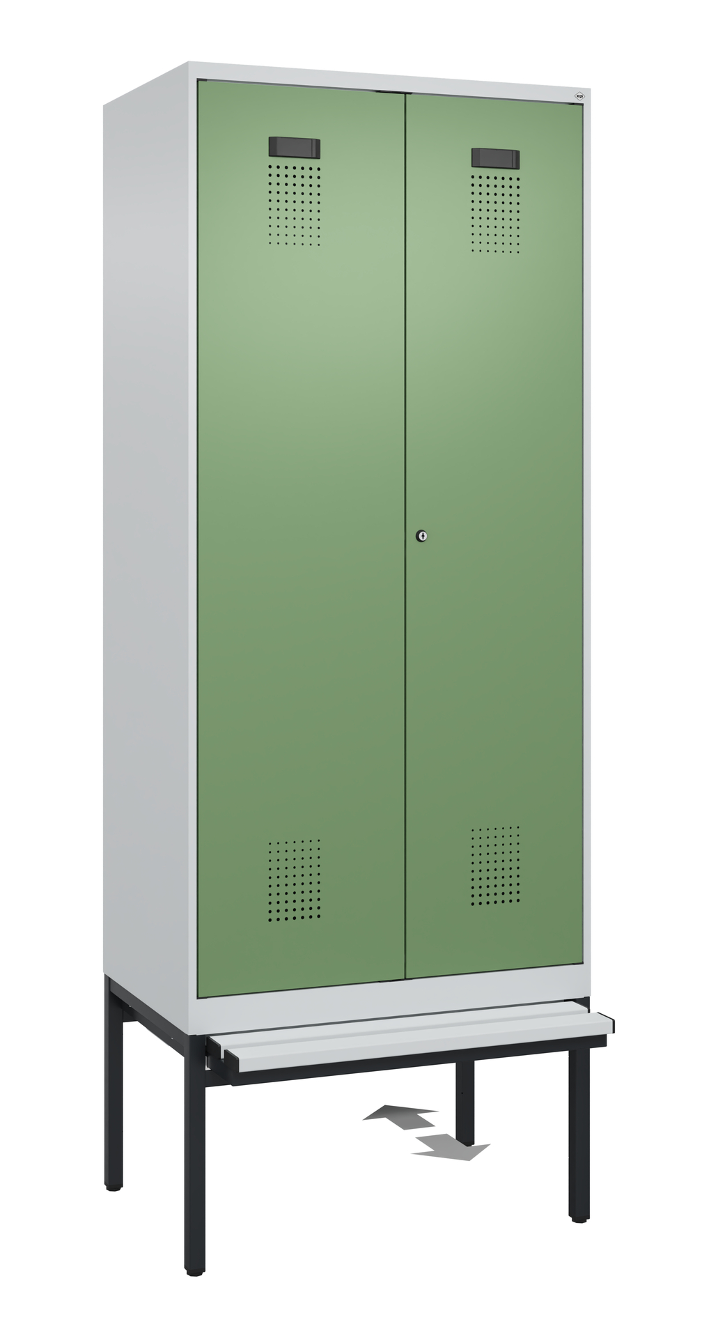 C+P PSA Schwarz-Weiß-Spind Evolo PLUS, Bank, 2 Abteile, 2120x800x815mm
