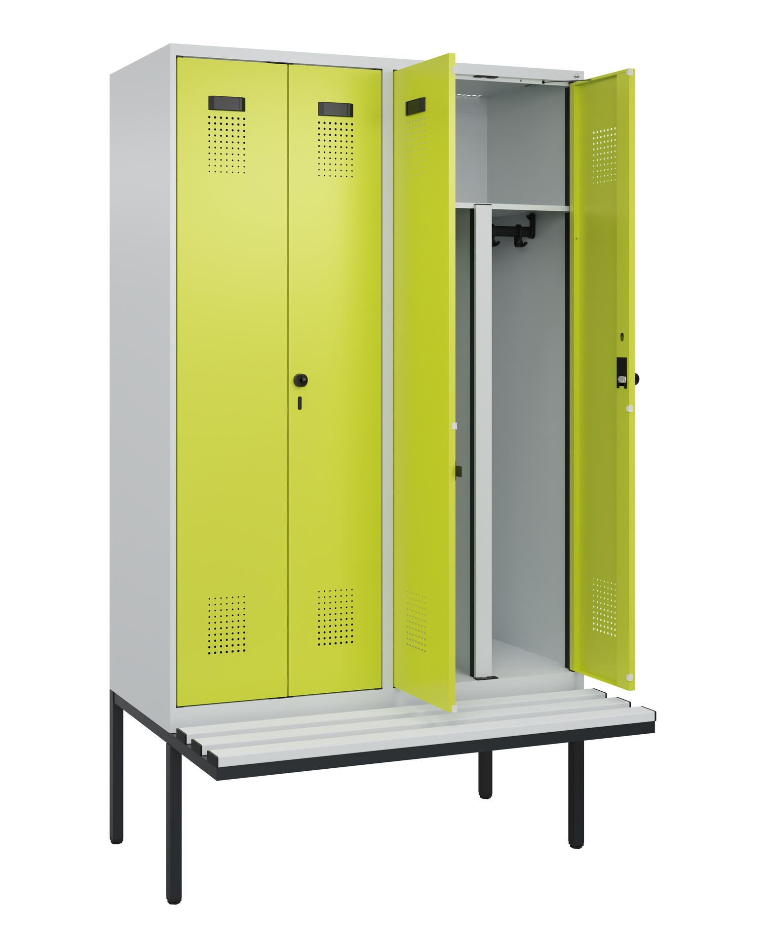 C+P PSA Schwarz-Weiß-Spind Evolo PLUS, Bank, 4 Abteile, 2120x1200x815mm