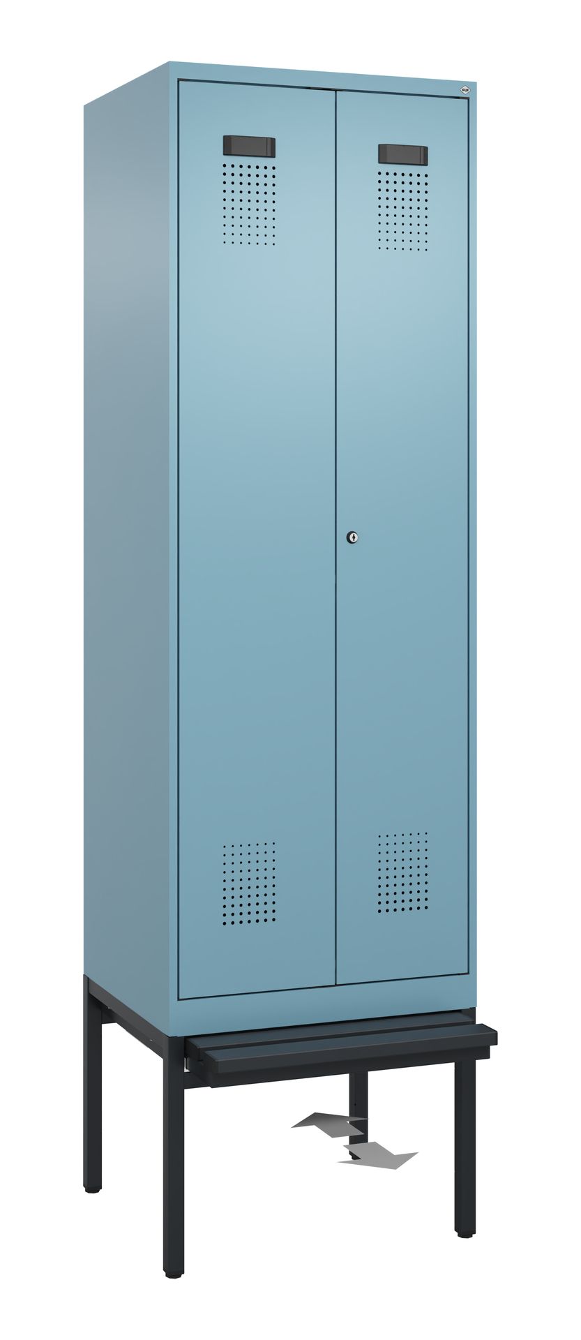 C+P PSA Schwarz-Weiß-Spind Evolo PLUS, Bank, 2 Abteile, 2120x600x815mm