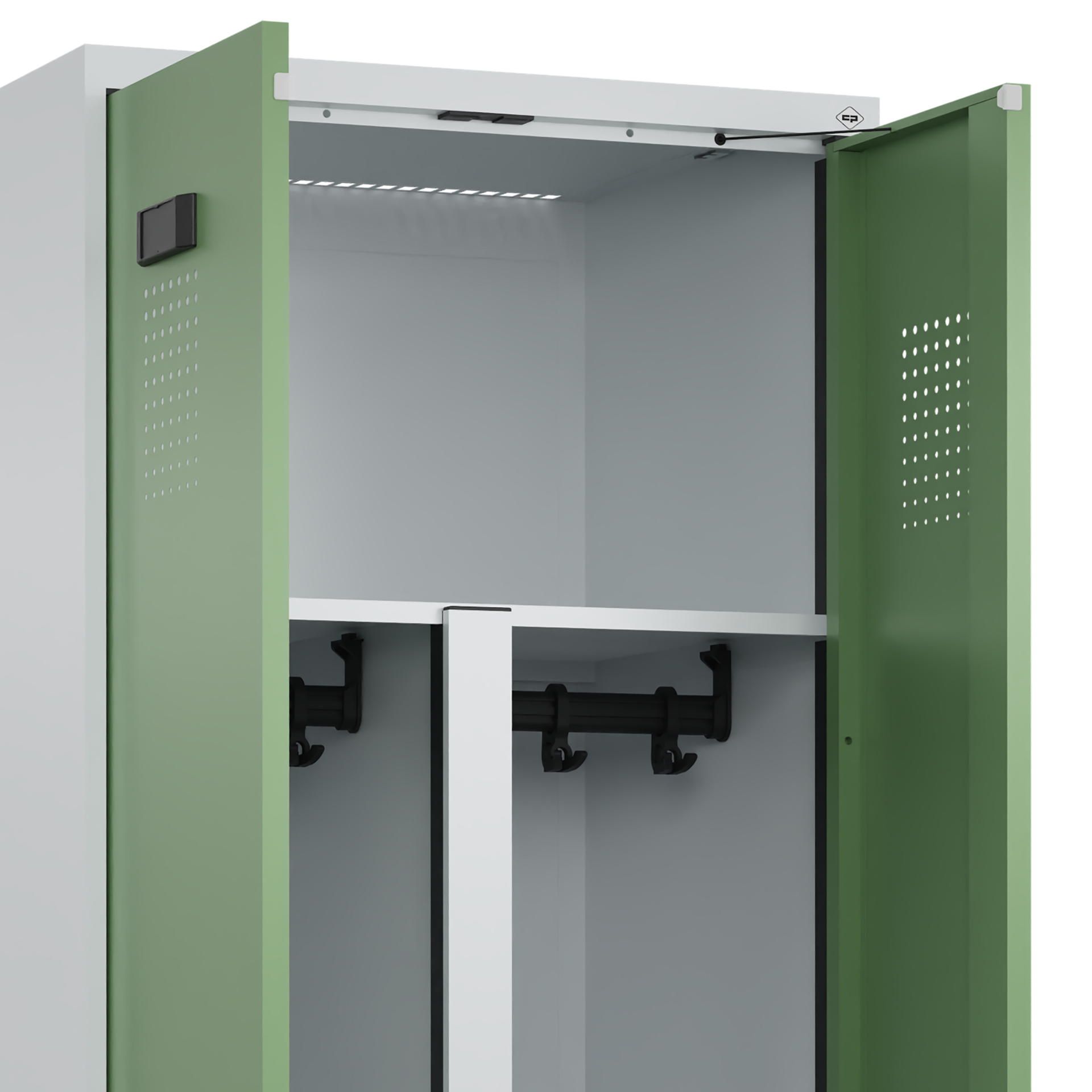 C+P PSA Schwarz-Weiß-Spind Evolo PLUS, Bank, 4 Abteile, 2120x1200x815mm