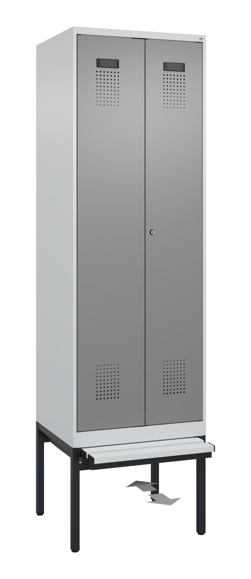 C+P PSA Schwarz-Weiß-Spind Evolo PLUS, Bank, 2 Abteile, 2120x600x815mm