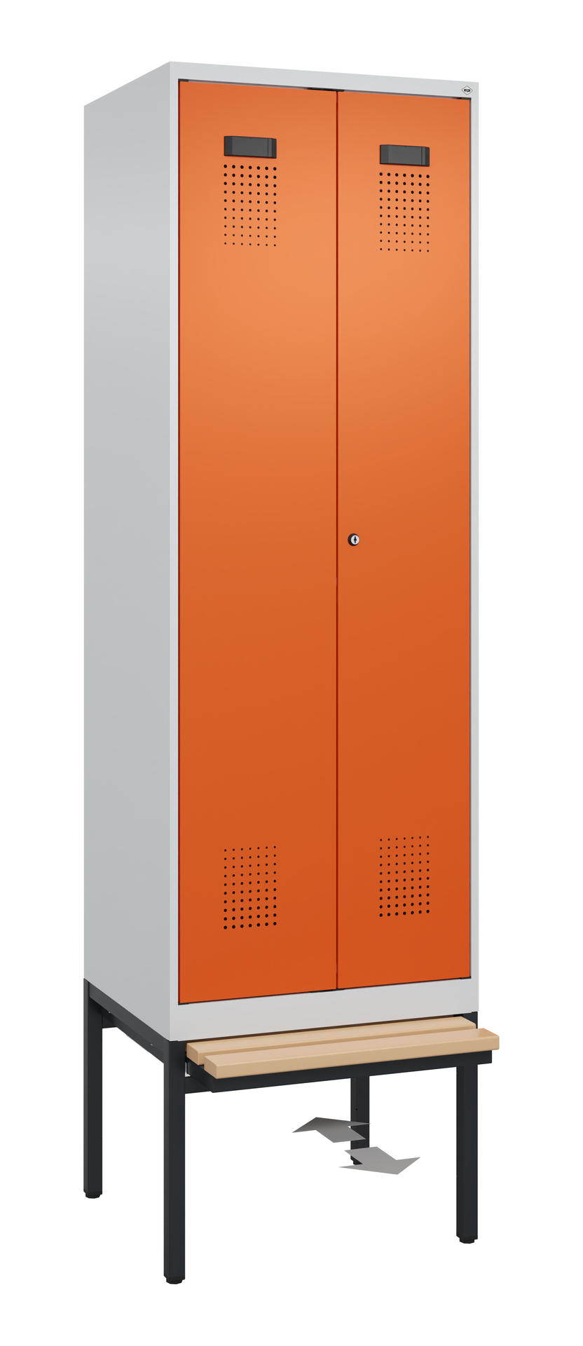 C+P PSA Schwarz-Weiß-Spind Evolo PLUS, Bank, 2 Abteile, 2120x600x815mm