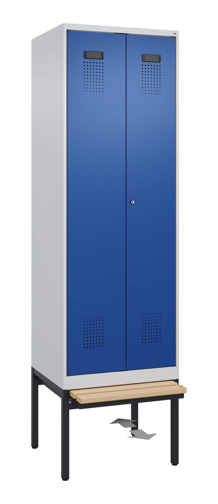 C+P PSA Schwarz-Weiß-Spind Evolo PLUS, Bank, 2 Abteile, 2120x600x815mm