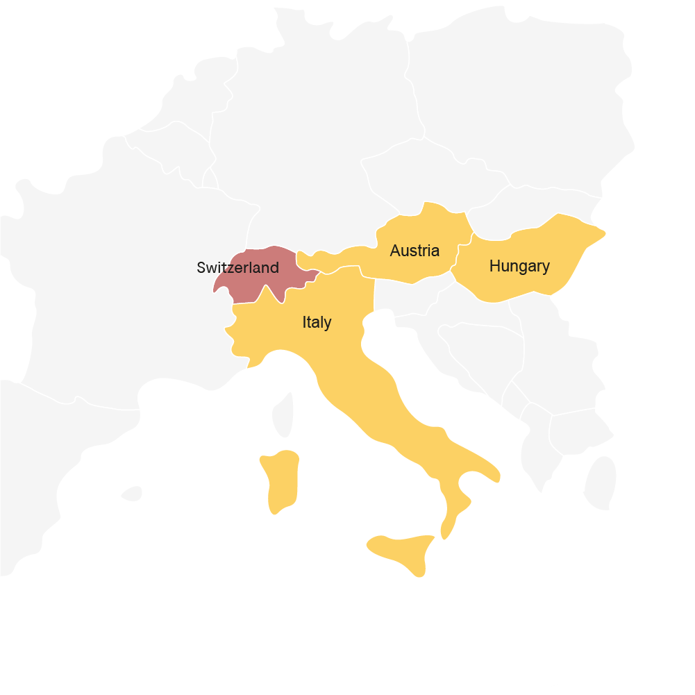 Gebiedskaart: Oostenrijk, Italië, Hongarije, Zwitserland