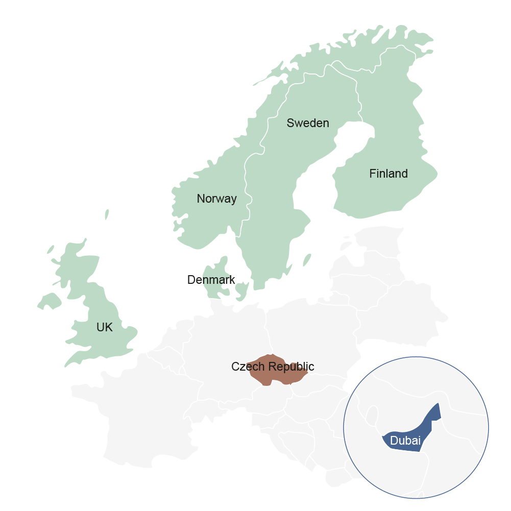 Gebiedskaart: Scandinavië, VK, Dubai, Tsjechië