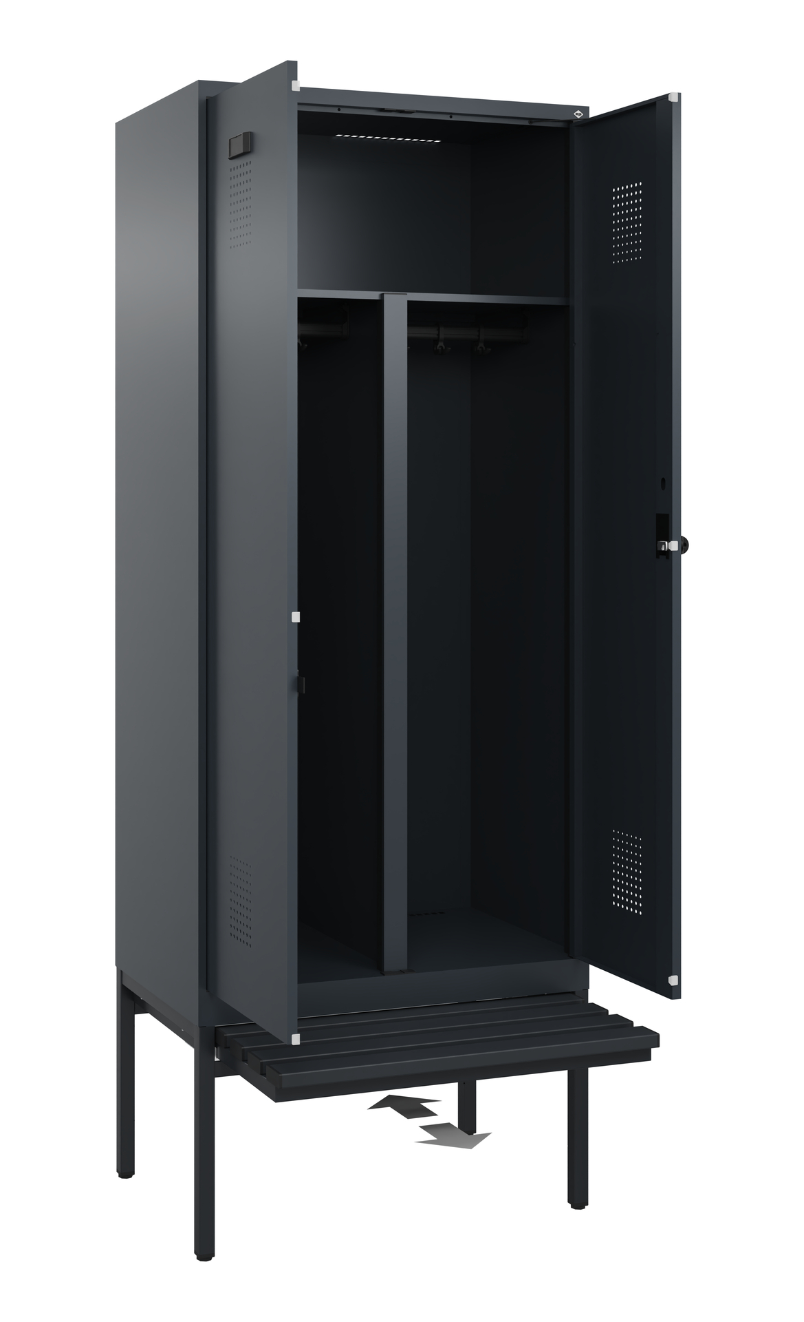C+P PSA Schwarz-Weiß-Spind Evolo PLUS, Bank, 2 Abteile, 2120x800x815mm