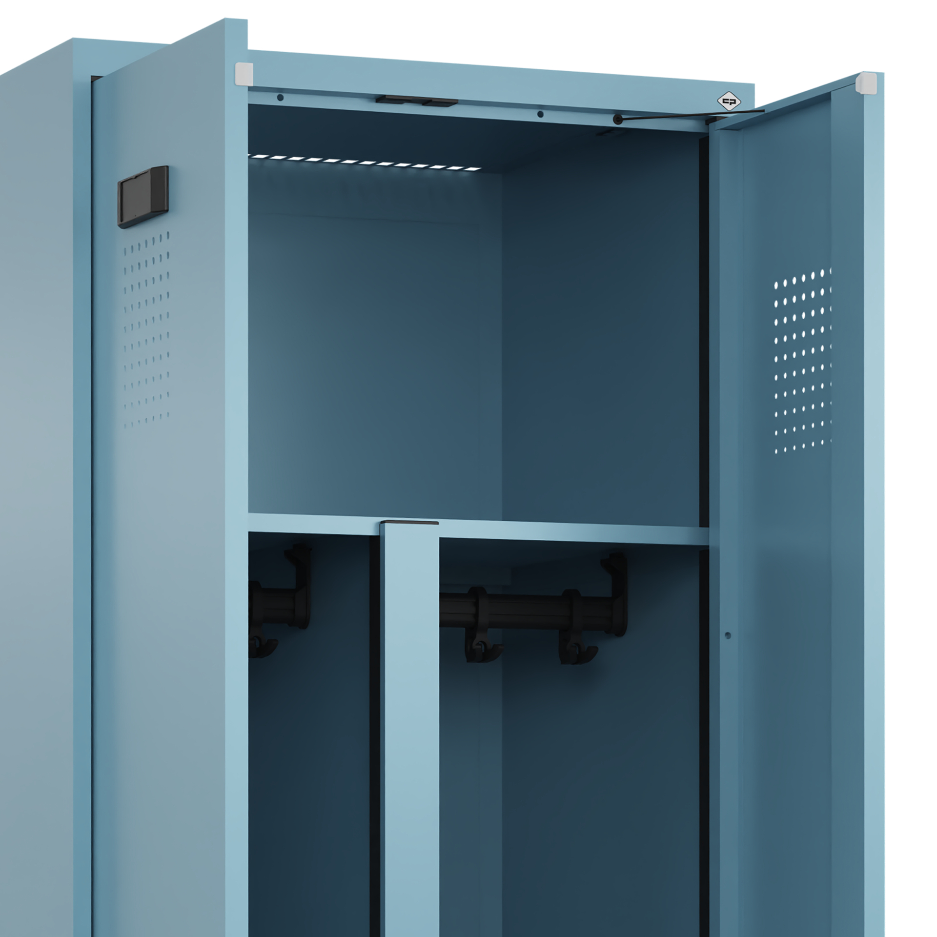 C+P PSA Schwarz-Weiß-Spind Evolo PLUS, Bank, 2 Abteile, 2120x600x815mm